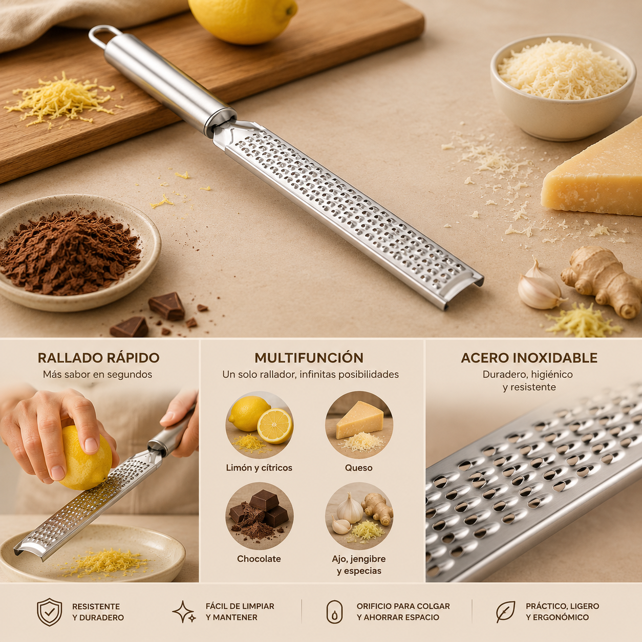 Rallador Multifunción de Acero Inoxidable | Cocina Fácil y Precisa