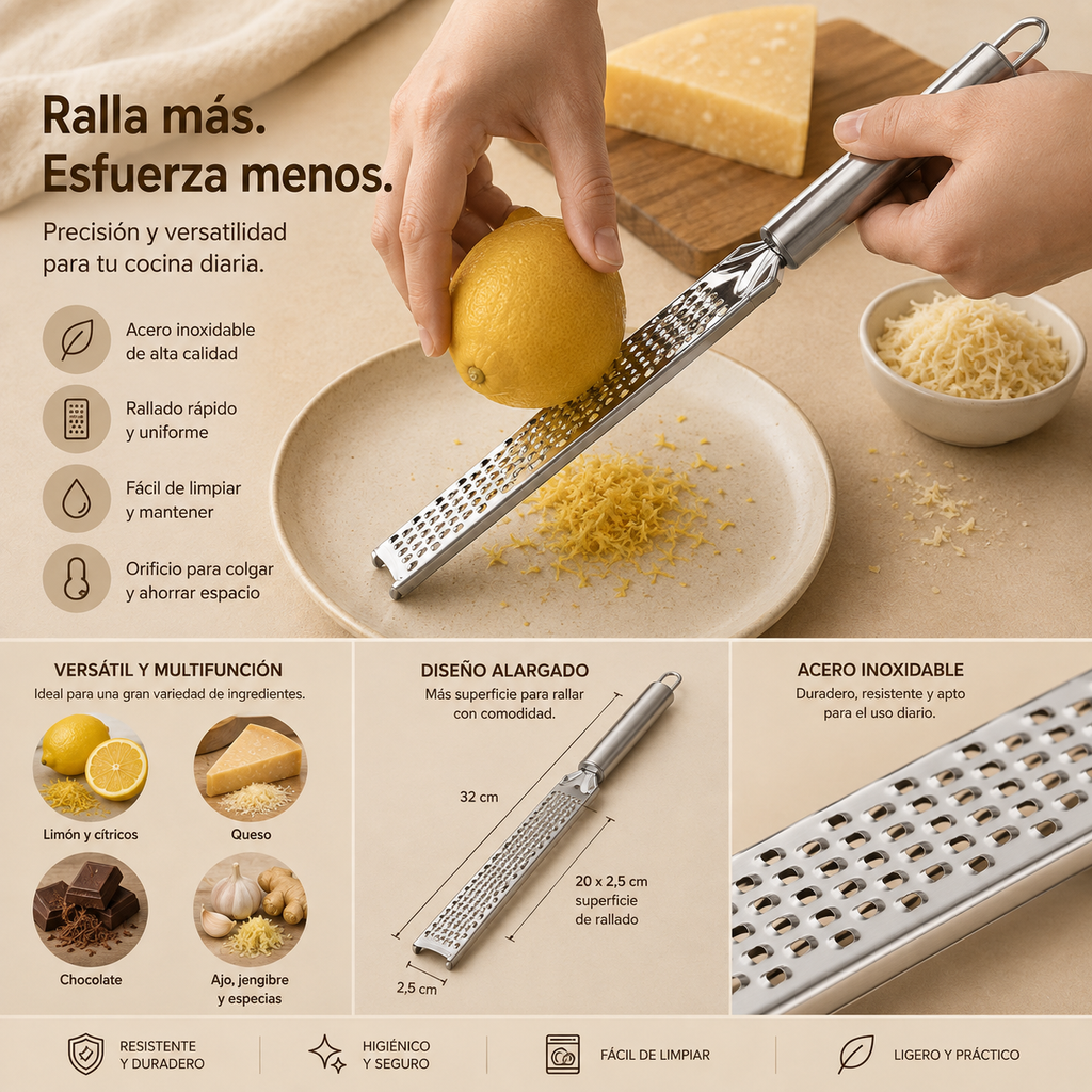 Rallador Multifunción de Acero Inoxidable | Cocina Fácil y Precisa