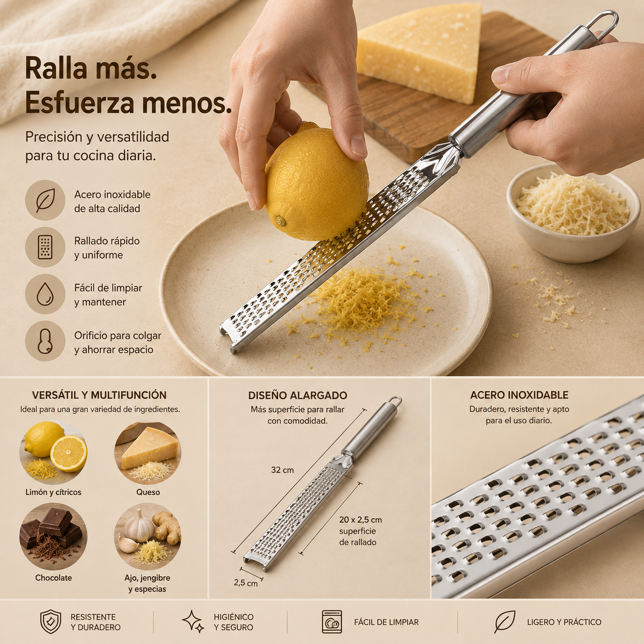 Rallador Multifunción de Acero Inoxidable | Cocina Fácil y Precisa