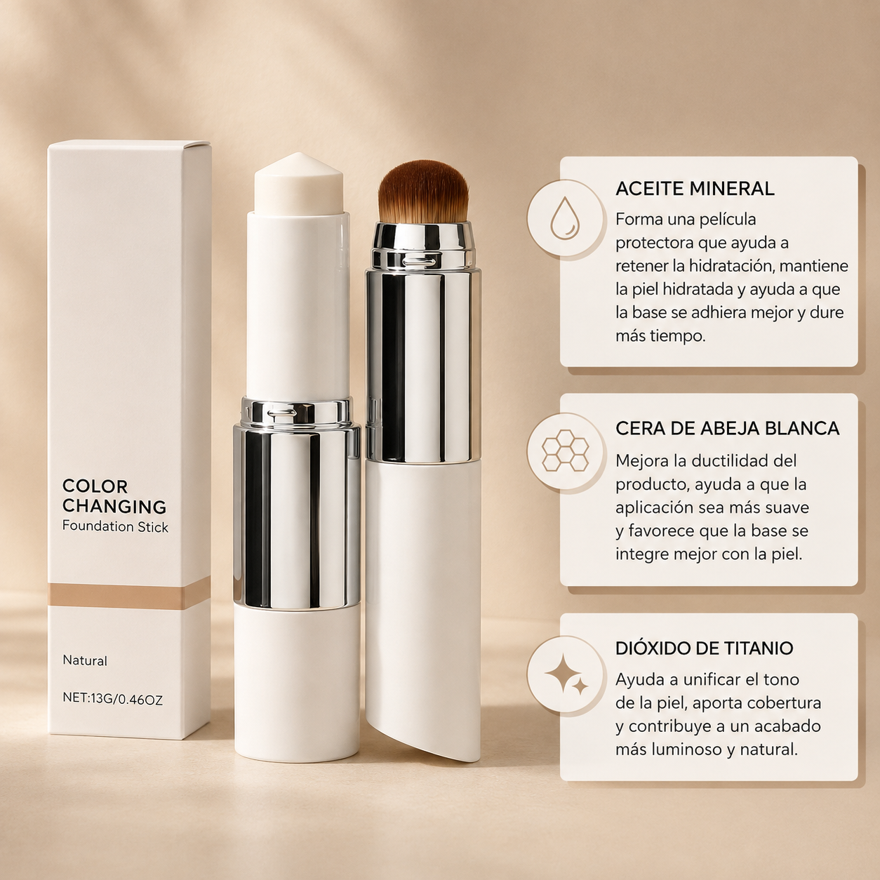 Base de Maquillaje en Barra 2 en 1 con Color Adaptativo y Brocha